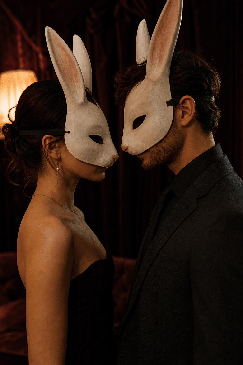 Ilustración generada por IA: pareja con máscaras de conejo. No son miembros reales.